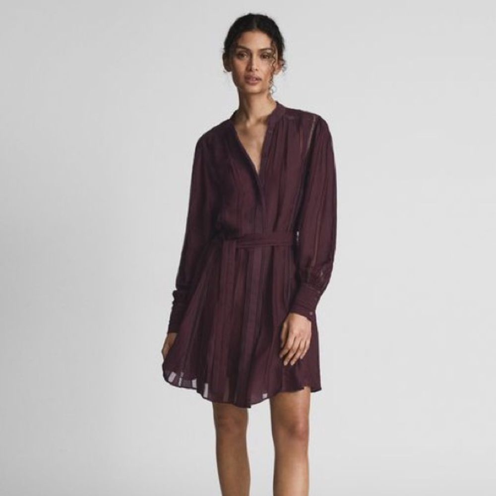 Reiss Harriet Burgundy Lace Trim Long Sleeve Mini Dress Size 8 NWT
